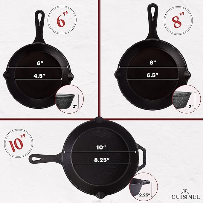 Cuisinel Cast Iron Skillets Set 3-Piece: 6" + 8" + 10" Cookware - Black Like New