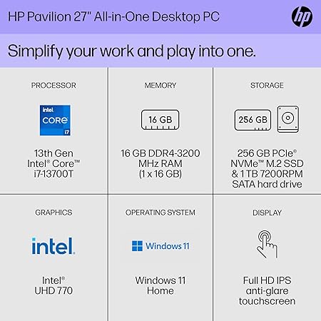 HP Pavilion All-in-One 7X9D6AA-ABA 27" FHD Touch i7-13700T 16GB 256 SSD 1 TB HDD Like New