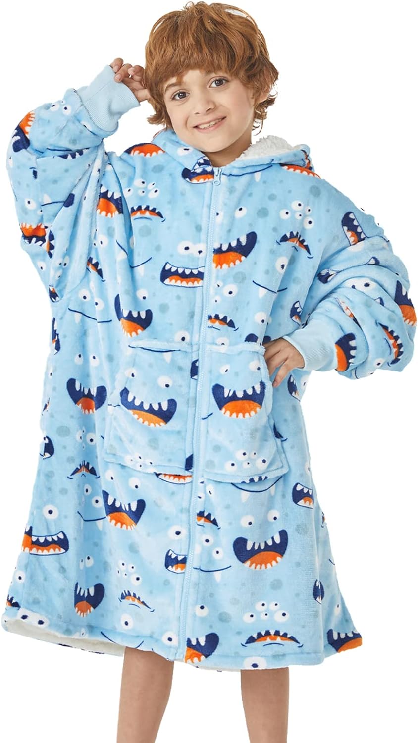 JOYWOO Wearable Blanket Hoodie for Kids, Oversized, Fuzzy Sherpa - Blue Shark Like New