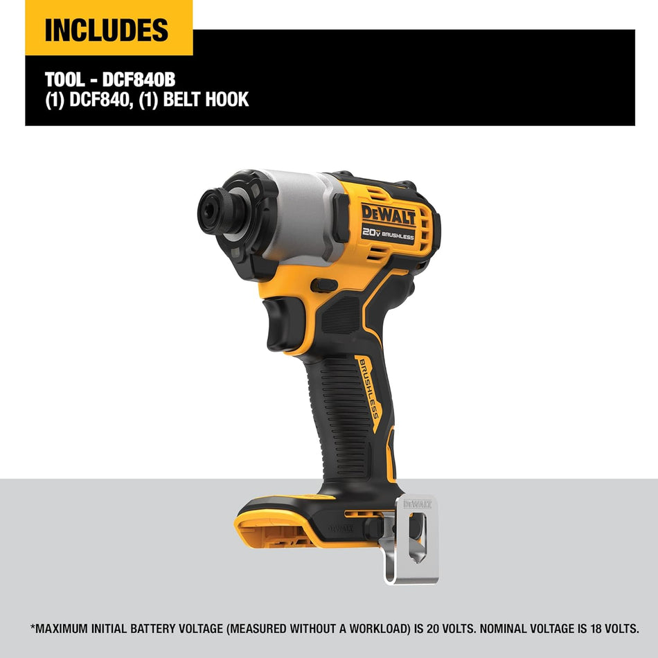 DEWALT 20V MAX 1/4" Brushless Cordless Impact Driver Tool Only DCF840B - Yellow Like New