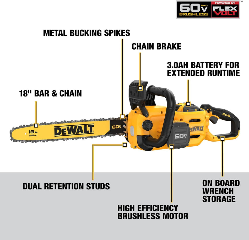 DEWALT 60V FLEXVOLT 18" Brushless Chainsaw - Yellow/Black Like New