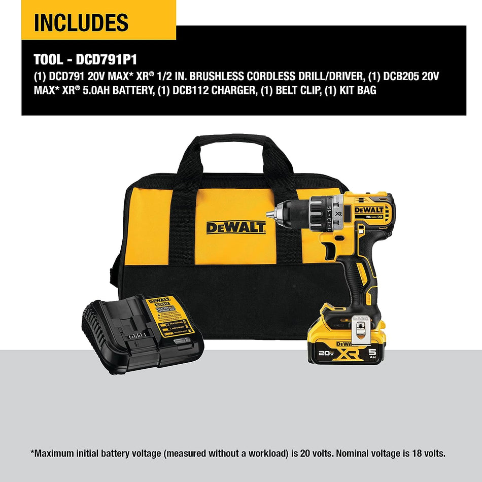 DeWalt 20V MAX XR Cordless Brushless 1/2 in Drill/Driver DCD791P1 - Black/Yellow Like New