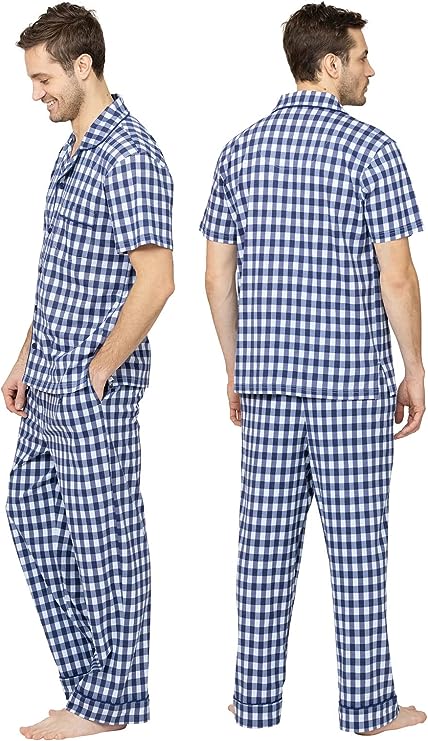 PJG-M4348 PajamaGram Pajamas Men Set Mens Sleepwear Short Sleeve Blue Gingham XL New