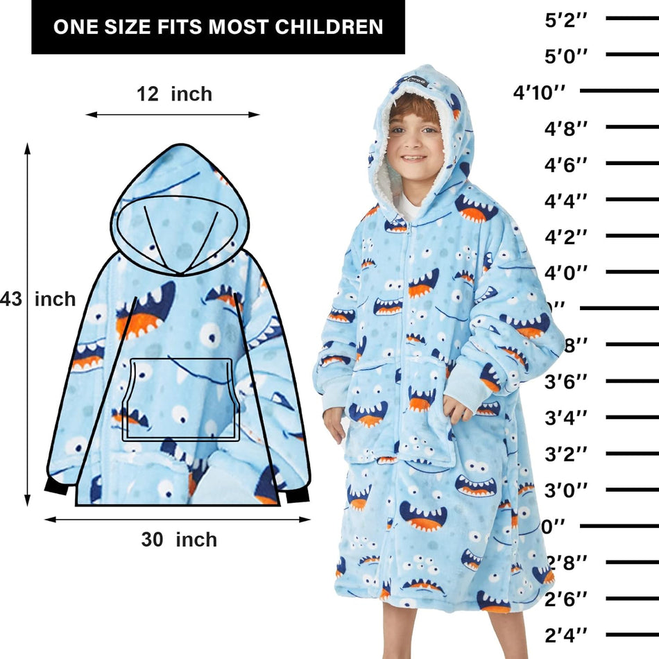 JOYWOO Wearable Blanket Hoodie for Kids, Oversized, Fuzzy Sherpa - Blue Shark Like New