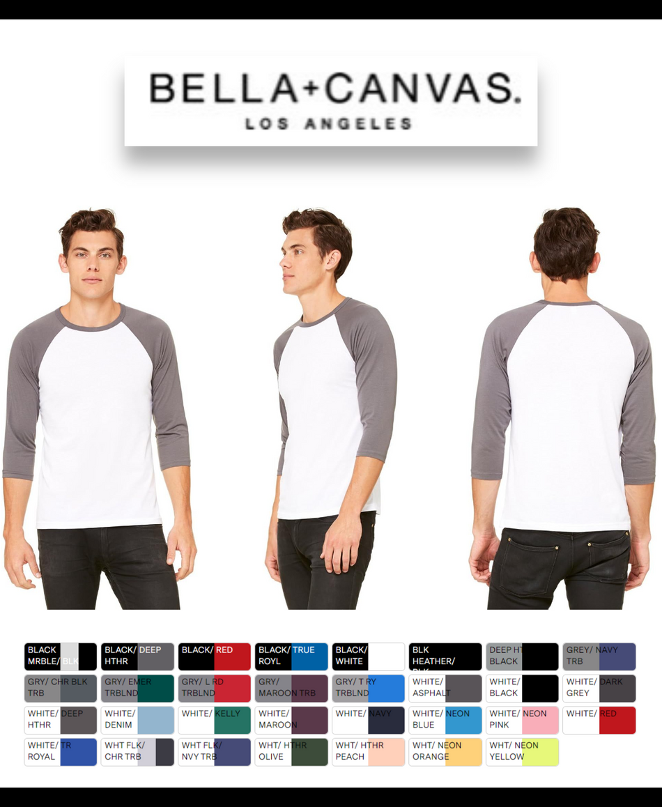 3200 Bella + Canvas Unisex 3/4-Sleeve Baseball T-Shirt New